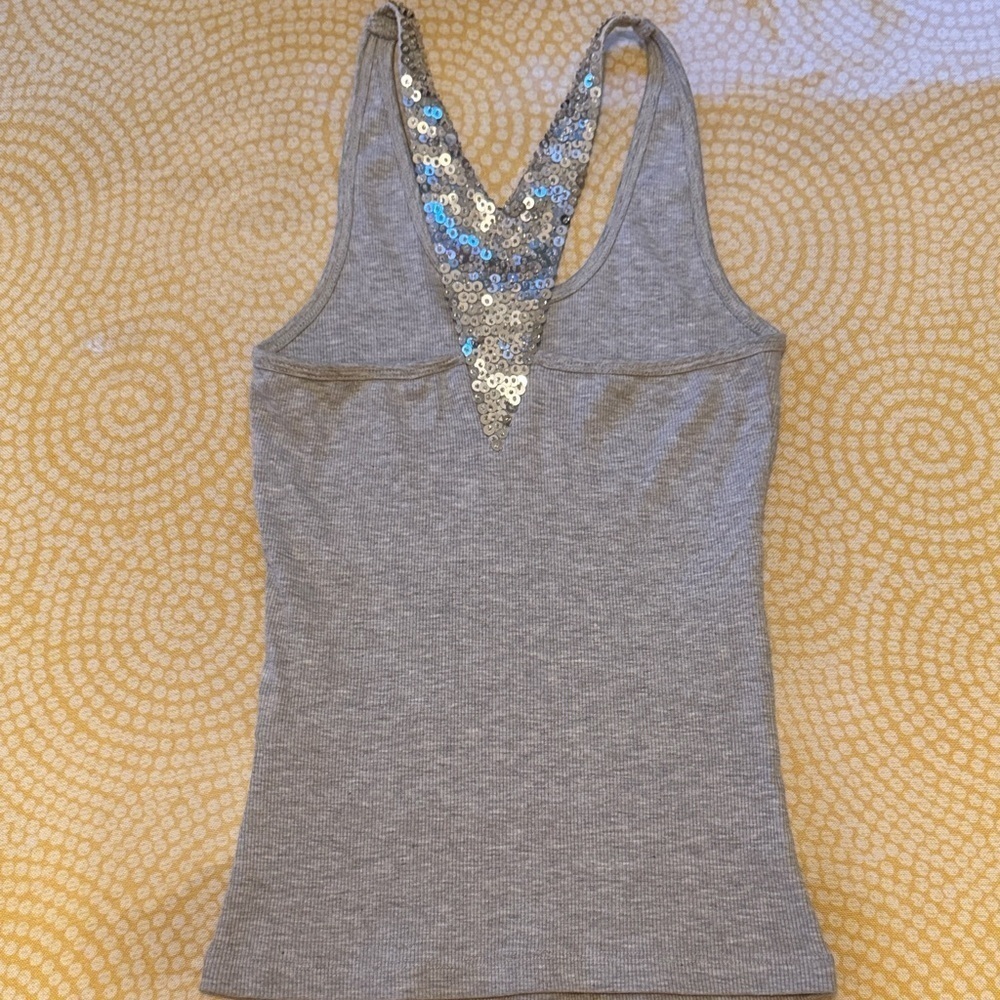 Sky Gray Tank Top with Back Silver Sequin Detail